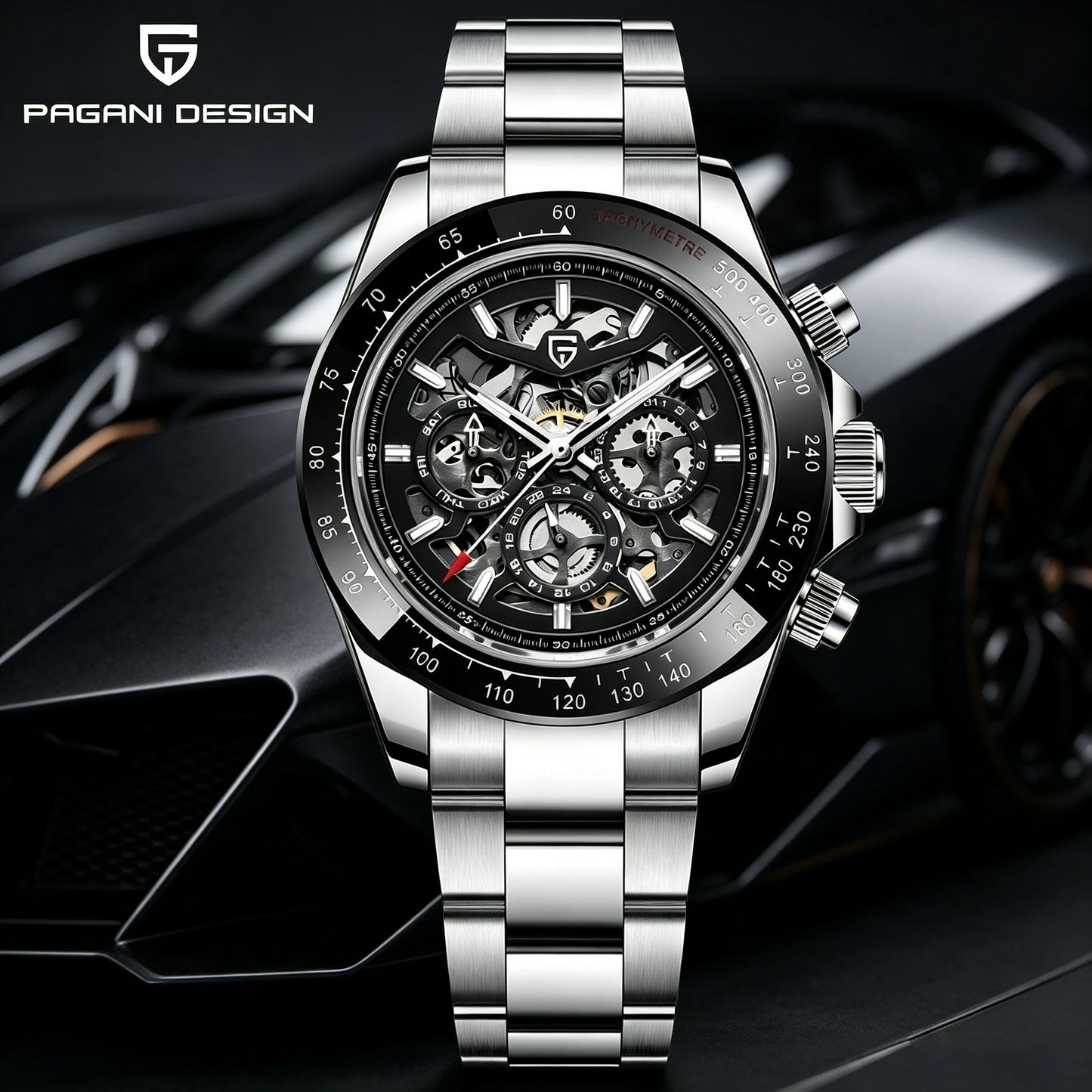 PAGANI DESIGN Orologio meccanico automatico da uomo in acciaio inossidabile, impermeabile 10Bar, sportivo, di lusso casual per uomo