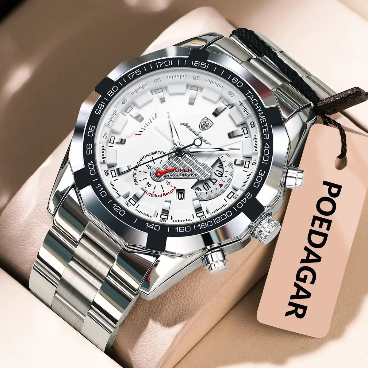 POEDAGAR luxury men’s watch, water-resistant, luminous, date display, sporty, stainless steel bracelet, quartz movement.