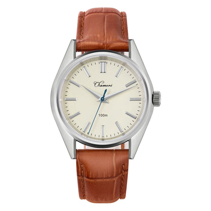 Watchdives Chameri GS04 Quartz Watches VH31 Movement Sapphire Crystal Ar 100M Waterproof Black Leather 37mm Vintage Wristwatches