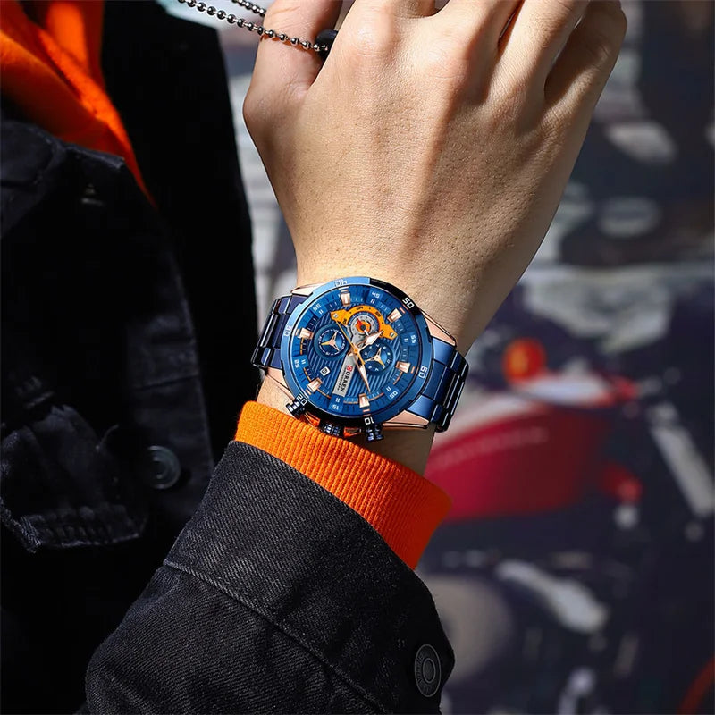 Montre homme de luxe CURREN 8402, neuve, en acier inoxydable, étanche, avec chronographe et éclairage nocturne.