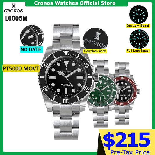 Cronos Sub Diver Men Watch No Date PT5000 Brushed Bracelet Ceramic Bezel 200 meters Water Resistant