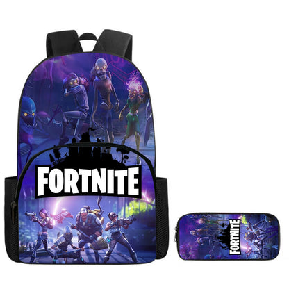 Fortnite Cartoon 2-Piece Set Backpack with Front Pocket Pencil Case Unisex Large Capacity School Bag Ages 5-8