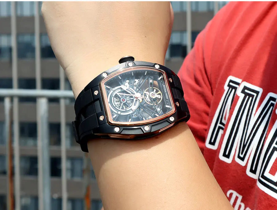 MINI FOCUS Men's Wristwatch Fashion Black Waterproof Automatic Mechanical Watch with Luminous Hands Silicone Strap Tonneau Dial