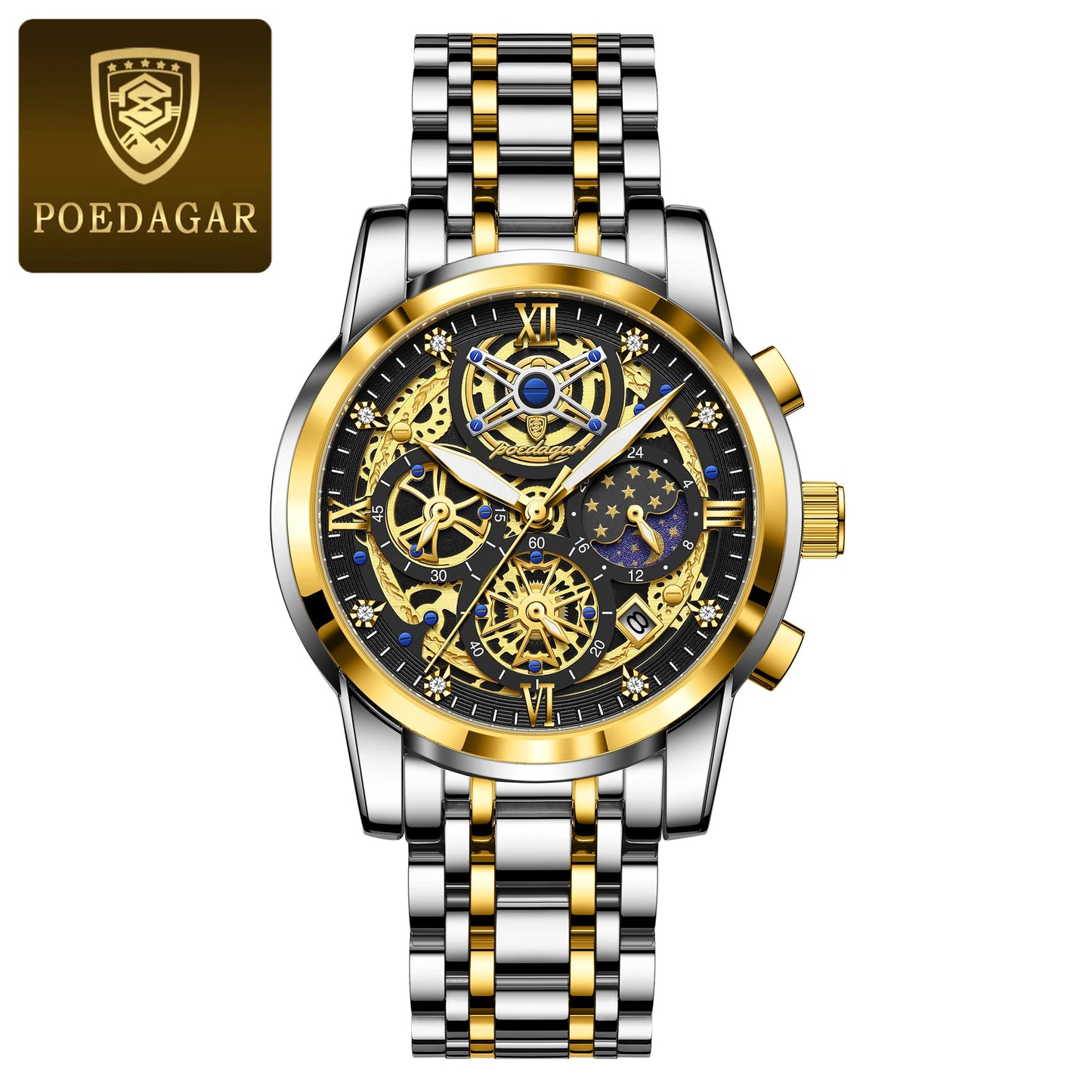POEDAGAR Top Fashion Men's Watches Stainless Steel Date Chronograph Business Quartz Men Wristwatch Waterproof Luminous Man Watch