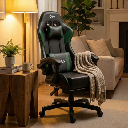 Cadeira gaming ergonómica, cadeira de escritório para computador com apoio para os pés e apoio de cabeça, cadeira de escritório para adulto com altura e encosto ajustáveis