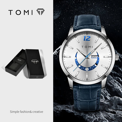 Reloj de cuarzo TOMI, de estilo elegante y profesional, con correa de piel, caja de aleación y esfera con agujas: diseño de alta gama, ideal como regalo para hombre.