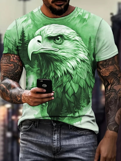 T-shirt patriótica para homem com estampado 3D de águia, gola redonda, manga curta, estilo casual, para verão, moda, atividades ao ar livre e vestuário masculino