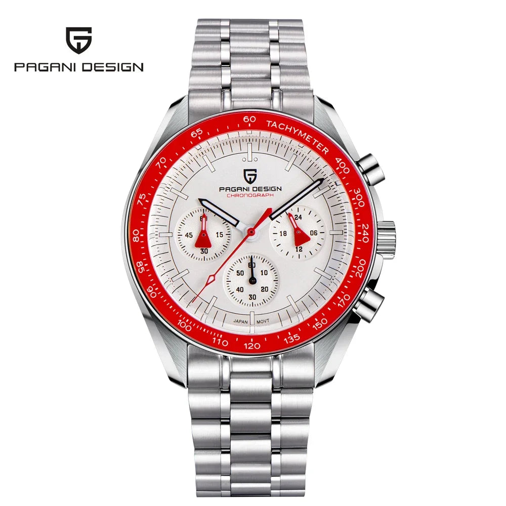 Reloj para hombre PAGANI DESIGN «New Moon» – Reloj de cuarzo de lujo, cronógrafo, cristal de zafiro con tratamiento antirreflectante, bisel de cerámica, agujas luminiscentes