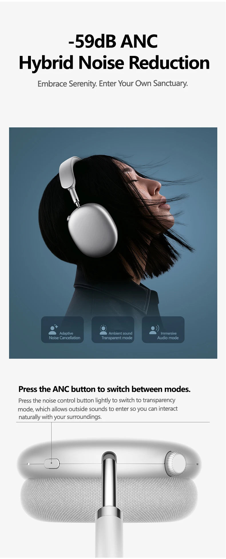 Auriculares inalámbricos Picun F8MAX ANC con cancelación activa de ruido híbrida de 59dB, audio espacial, Bluetooth 6.0, diseño over-ear y hasta 180H