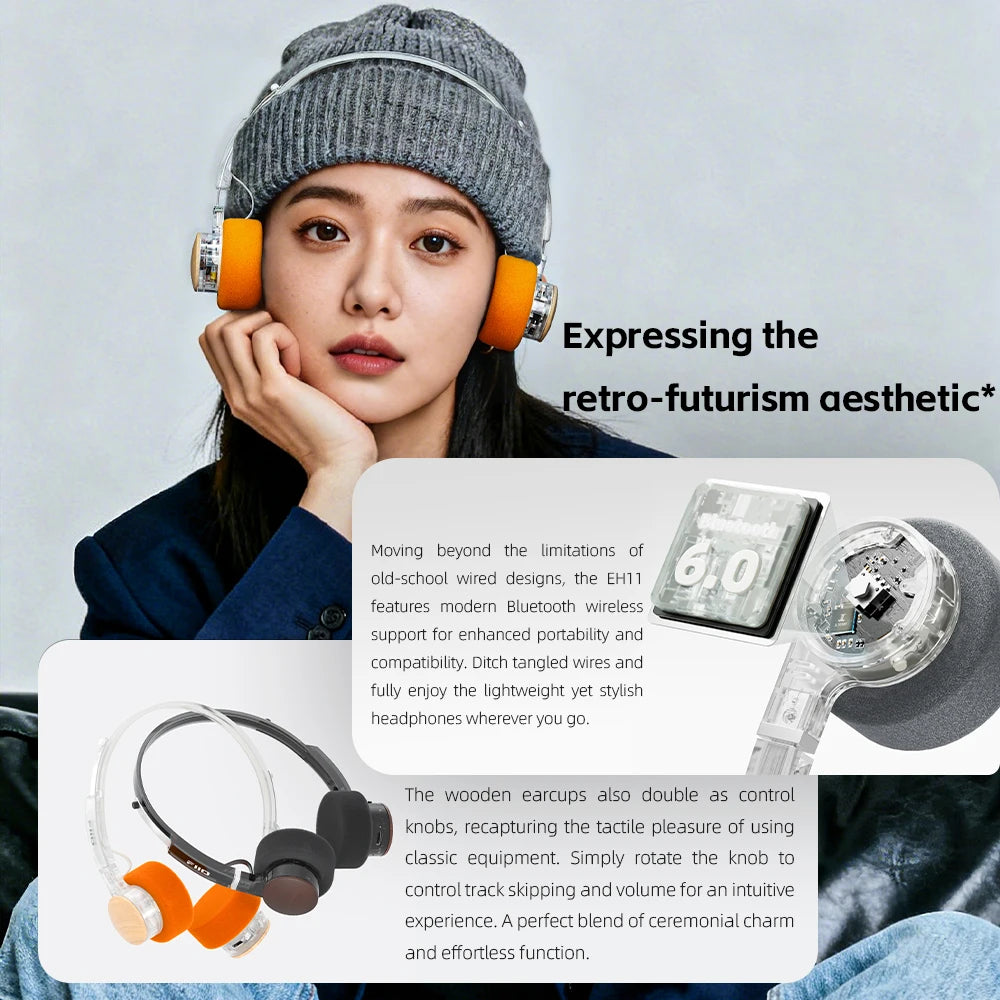 Auriculares Bluetooth On-Ear FIIO EH11 – Diadema inalámbrica Hi-Res LDAC con graves, batería de 30H, conexión a dos dispositivos y diseño retro ligero