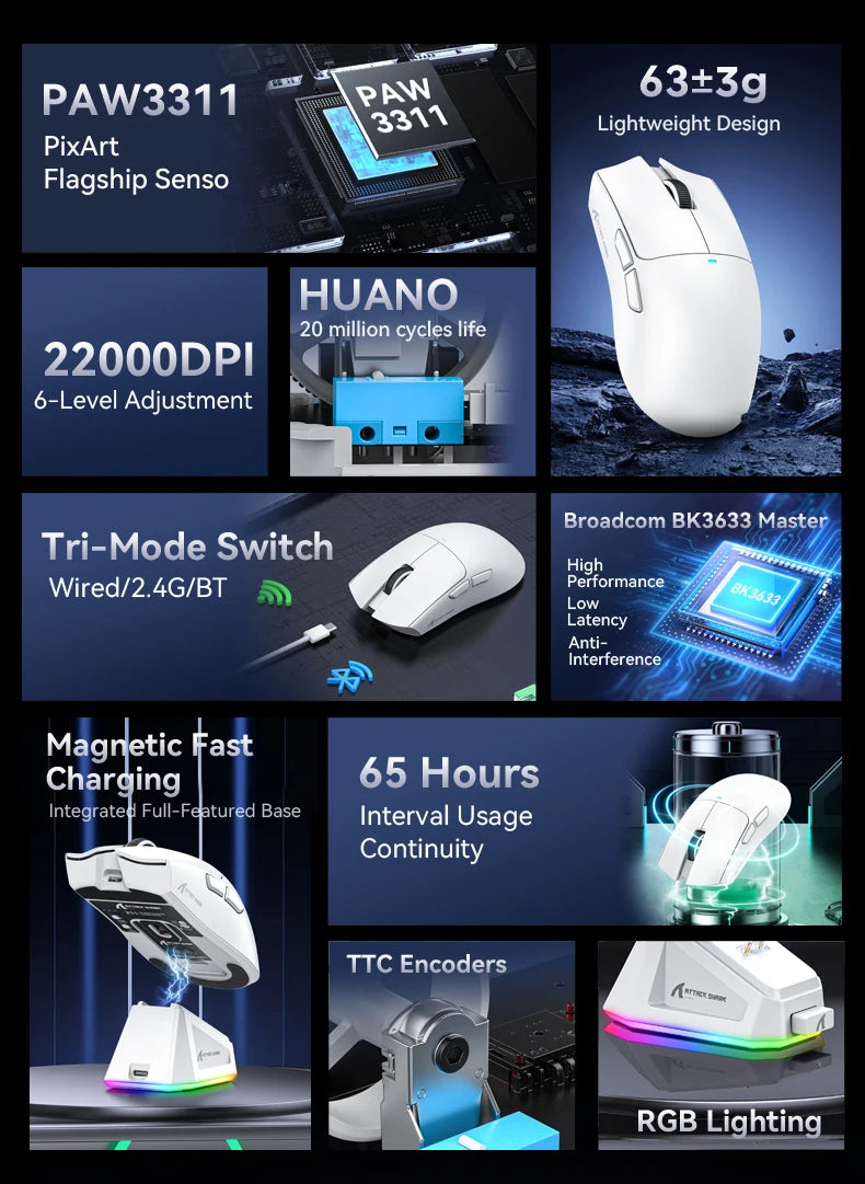 ATTACK SHARK X11 Lightweight Wireless Gaming Mouse with RGB Backlight Charging, Up to 22K DPI, PAW3311 Optical Sensor, HUYU Switch