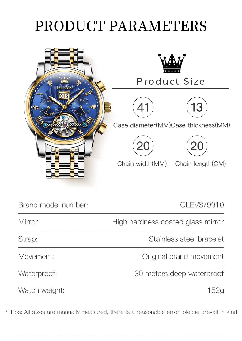 OLEVS 9910 Mens Watch Original Luxury Tourbillon Automatic Mechanical Watche Waterproof Luminous  Day-Date Watch With Box Reloj