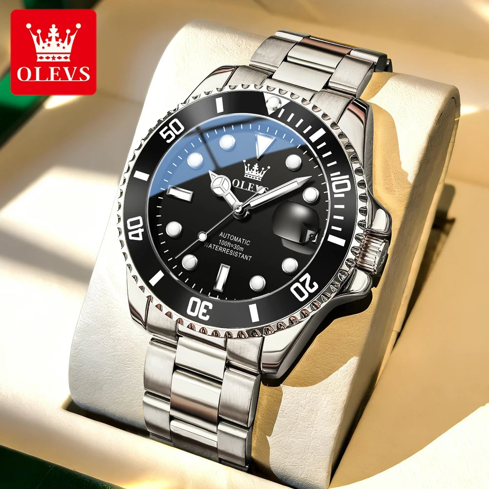 Relógio mecânico automático de luxo para homem OLEVS 6650 – Estanque, luminescente, bracelete em aço – Relógio de pulso para homem, estilo profissional, marca de prestígio
