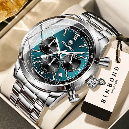 „BINBOND“ kvarcinis vyriškas laikrodis – elegantiškas, tvirtas ir tikslus, su automatine datos funkcija, chronografu, apšvietimu ir atsparus vandeniui. Neformalus stilius.
