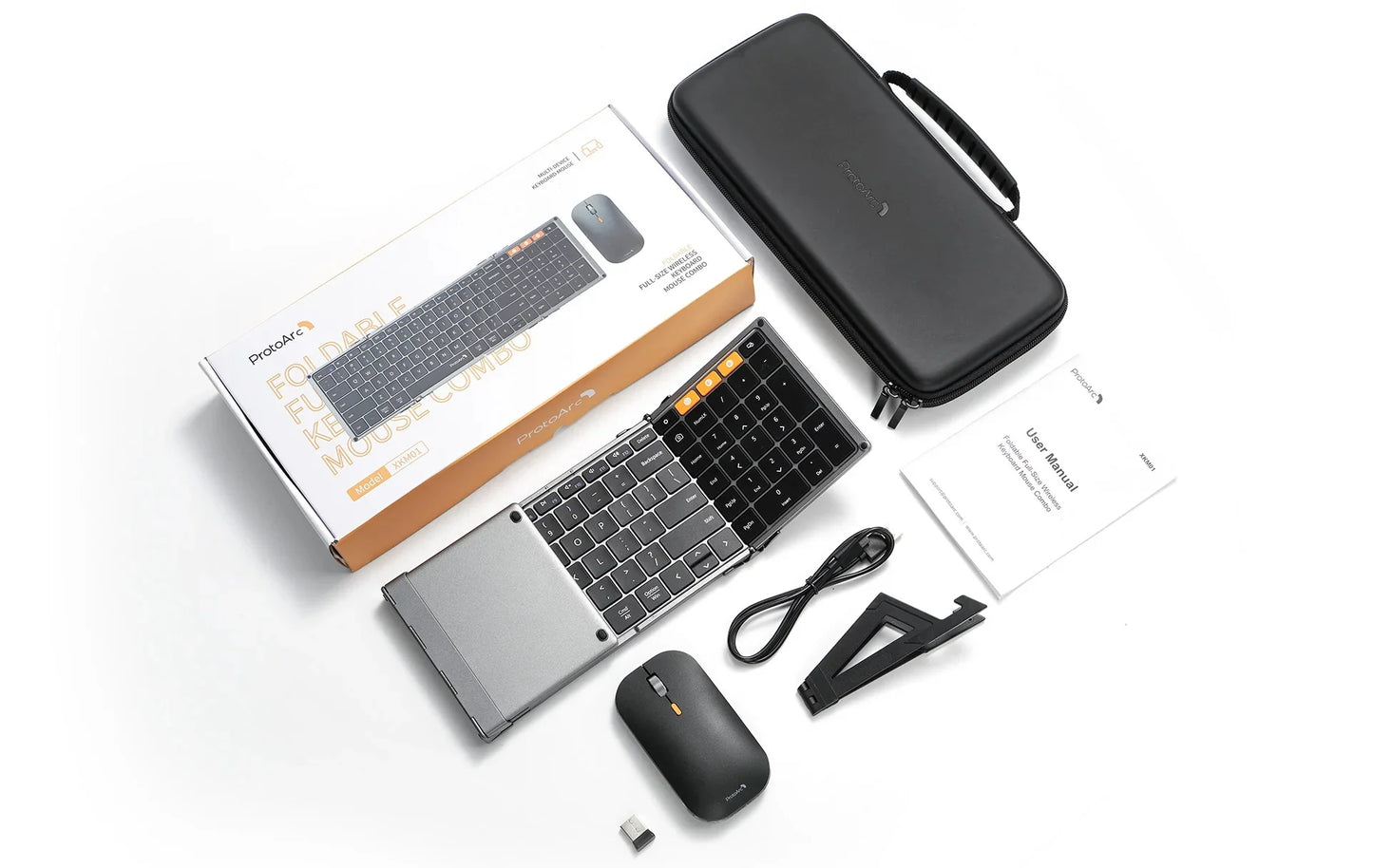 ProtoArc Foldable Keyboard and Mouse, XKM01 Combo for Business Travel 2.4G+Dual Bluetooth Portable  for Laptop iPads Tablets