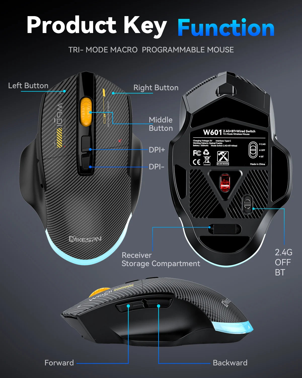 Bluetooth Wireless Gaming Mouse, 12800 DPI Wired/Wireless RGB Mouse with 7 Programmable Buttons, for PC Laptop, Gaming