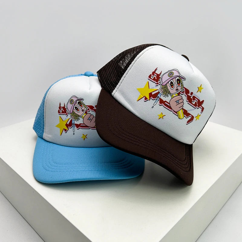 Trucker-Caps im amerikanischen Stil mit Cruise-Print, Anime-Motiven und neuem Schriftzug – atmungsaktive Baseballmützen mit Netzfutter für Herren und Damen, vielseitig kombinierbar