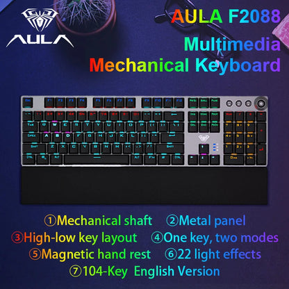Teclado mecánico AULA F2088 con cable para gaming, perilla multifunción, 104 teclas, retroiluminación mágica y programación de macros para ordenador