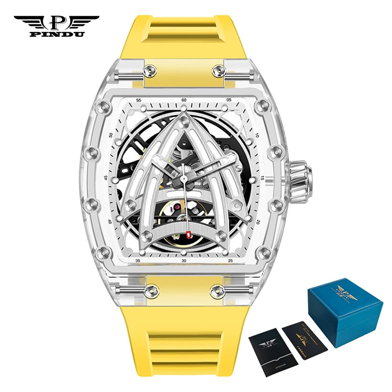 PINDU Designer Hollow Tonneau Mechanical Watch Men Luxury Brand Skeleton Automatic Watches Mens Sport Silicone Wristwatch JH3105