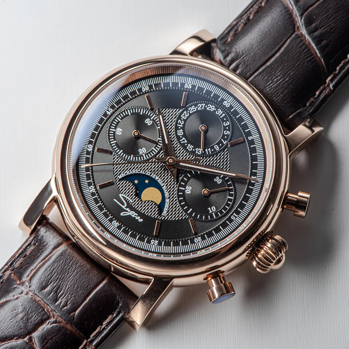 Sugess Men Watch ST1908 Swanneck Movement Mechanical Chronograph Wristwatch Genuine Moonphase Calendar Vintage Leather NEW 2023