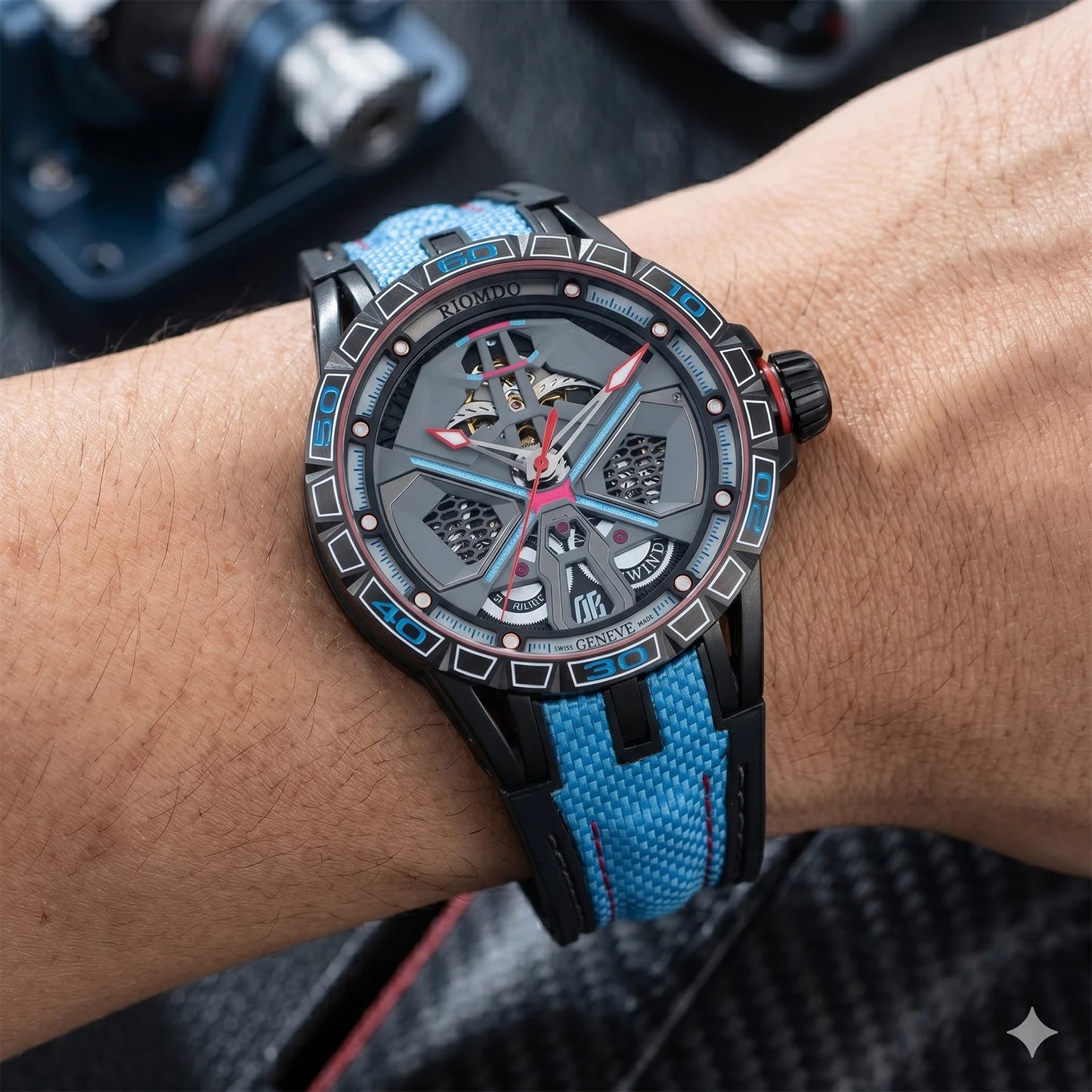 OBLVLO Mens Luxury Machinery Skeleton Mechanical Automatic Watches Analog Big Dial Blue Rubber Band Military Watch RD-909