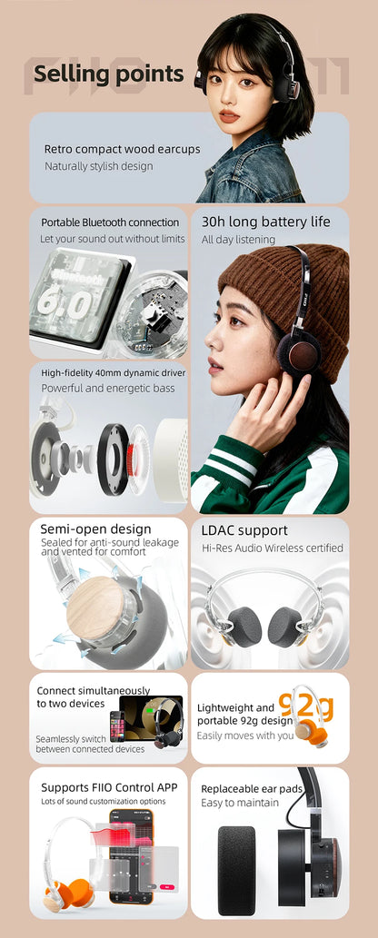 Auriculares Bluetooth On-Ear FIIO EH11 – Diadema inalámbrica Hi-Res LDAC con graves, batería de 30H, conexión a dos dispositivos y diseño retro ligero