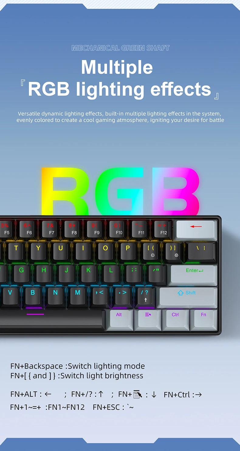 Teclado Mecânico Mini APAYADO K61, Com Fios, 61 Teclas, Phantom RGB, Switch Mecânico Vermelho/Azul Preto/Branco para Gaming, 60% Portátil
