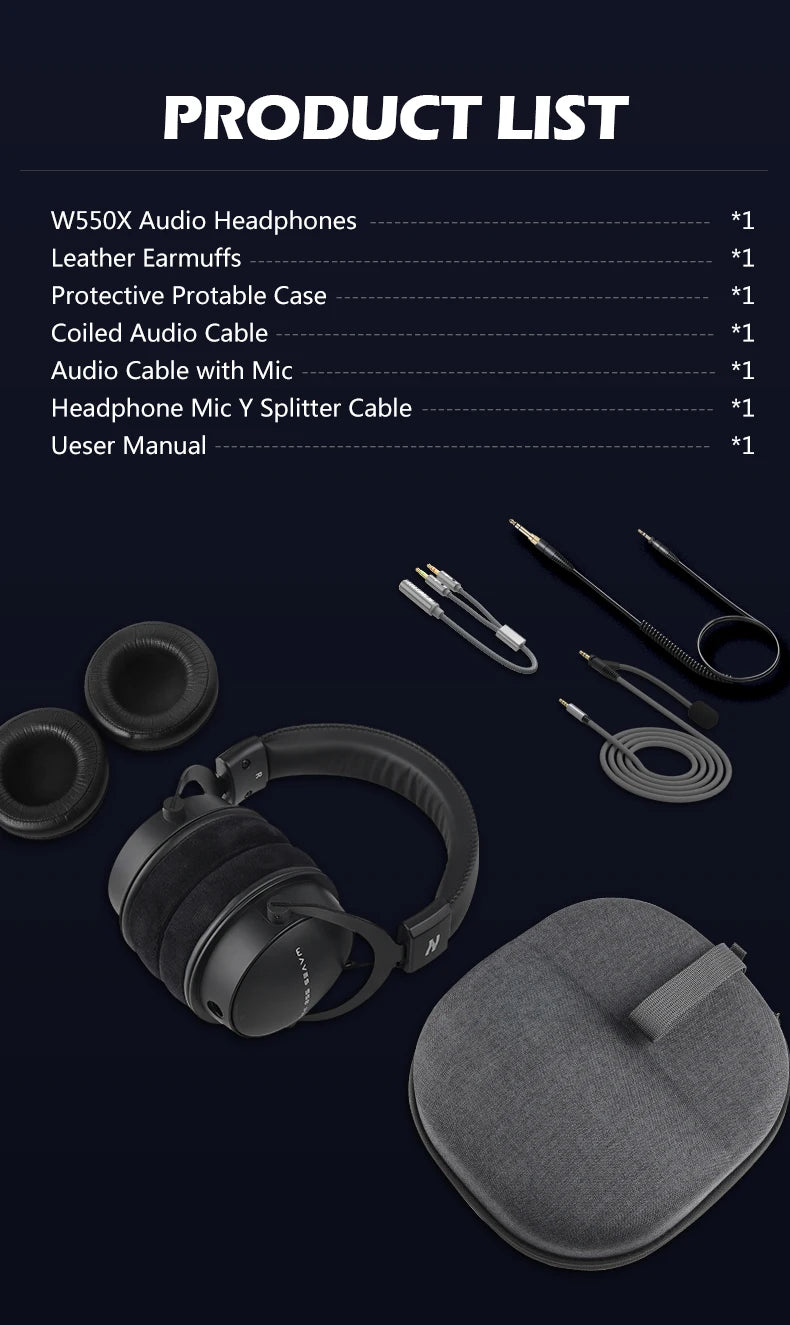Auriculares de estudio TALOMEN W550x – Auriculares profesionales de monitorización para DJ, circumaurales y con cable, con transductores de 50mm y cable desmontable