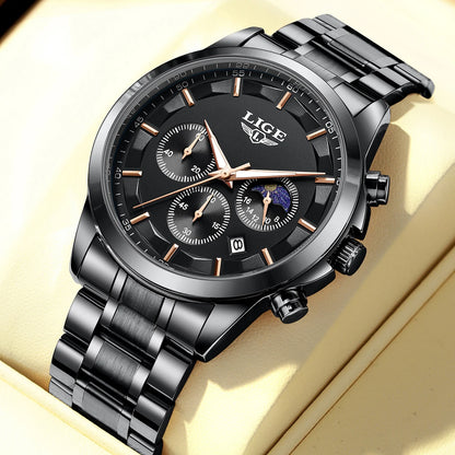Pánske hodinky LIGE – luxusný quartzový chronograf, vodotesný (3 bary), s luminiscenčnými ručičkami