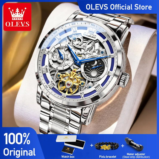 OLEVS 6670 Mens Watch Luxury Brand Skeleton Mechanical Watch Moon Phase Stainless Steel Watches For Man Gifts Box High Quality