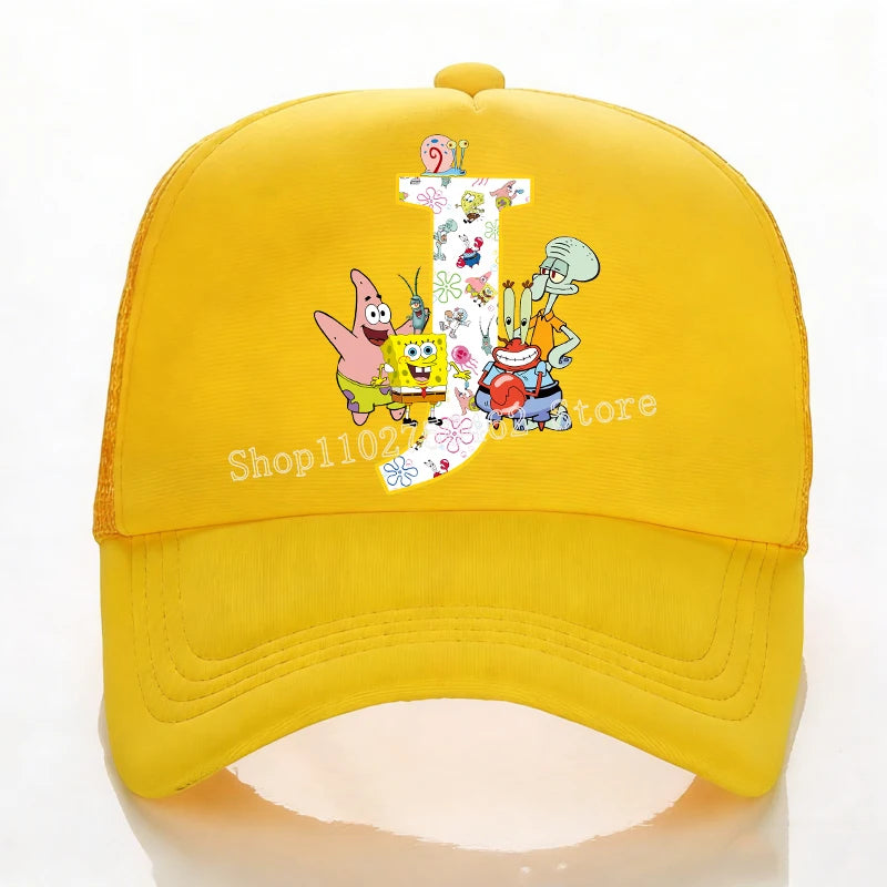 SpongeBobs Baseball Cap Kids Adult Summer Outdoor Sports Sun Hat Child Cute Letter A-Z Sunbonnet Breathable Mesh Headgear Gift