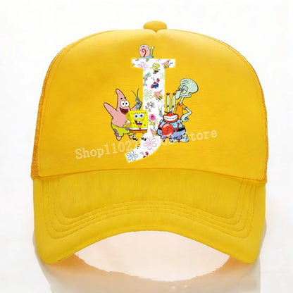 SpongeBobs Baseball Cap Kids Adult Summer Outdoor Sports Sun Hat Child Cute Letter A-Z Sunbonnet Breathable Mesh Headgear Gift