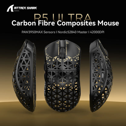 Rato Gaming Sem Fios ATTACK SHARK R5 Ultra em Fibra de Carbono, Sensor Gaming PixArt PAW3950MAX, 42000DPI, 8000Hz, MCU Nordic 52840