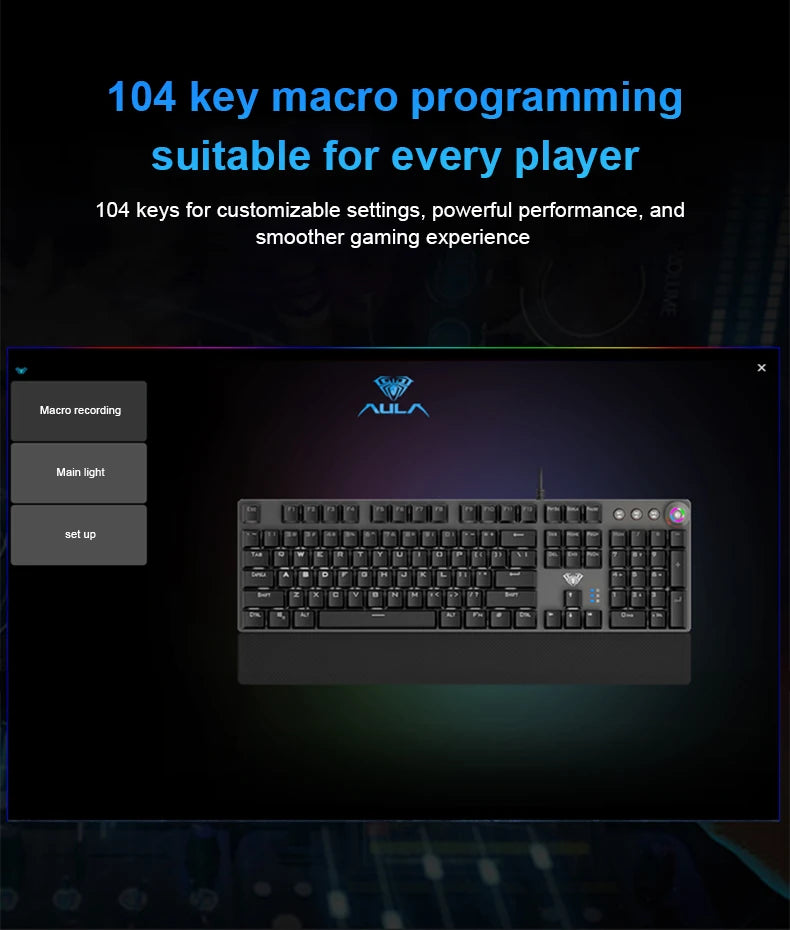 Teclado mecánico AULA F2088 con cable para gaming, perilla multifunción, 104 teclas, retroiluminación mágica y programación de macros para ordenador