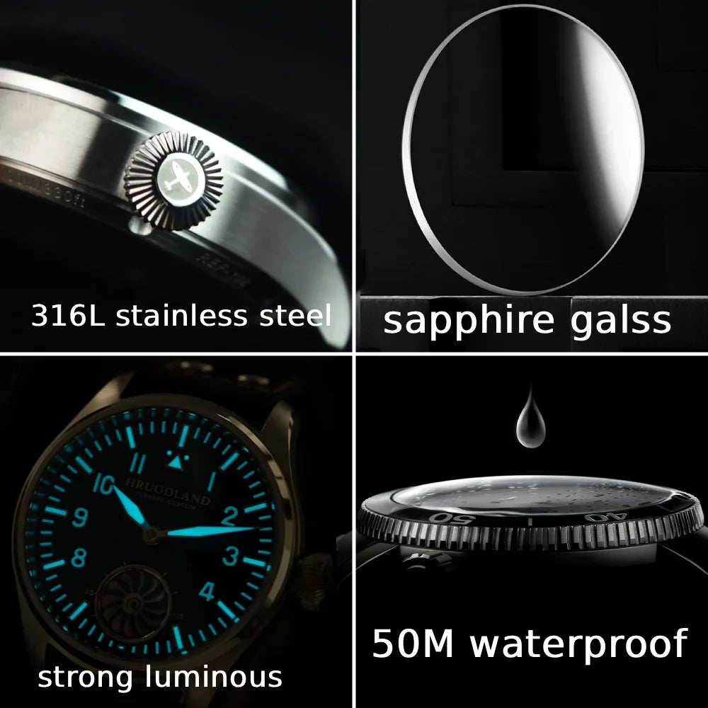 Hruodland Pilot St3620 Retro Men's Manual Mechanical Watch Luxury Sapphire Bgw-9 Night Light Turbine Waterproof 5Bar