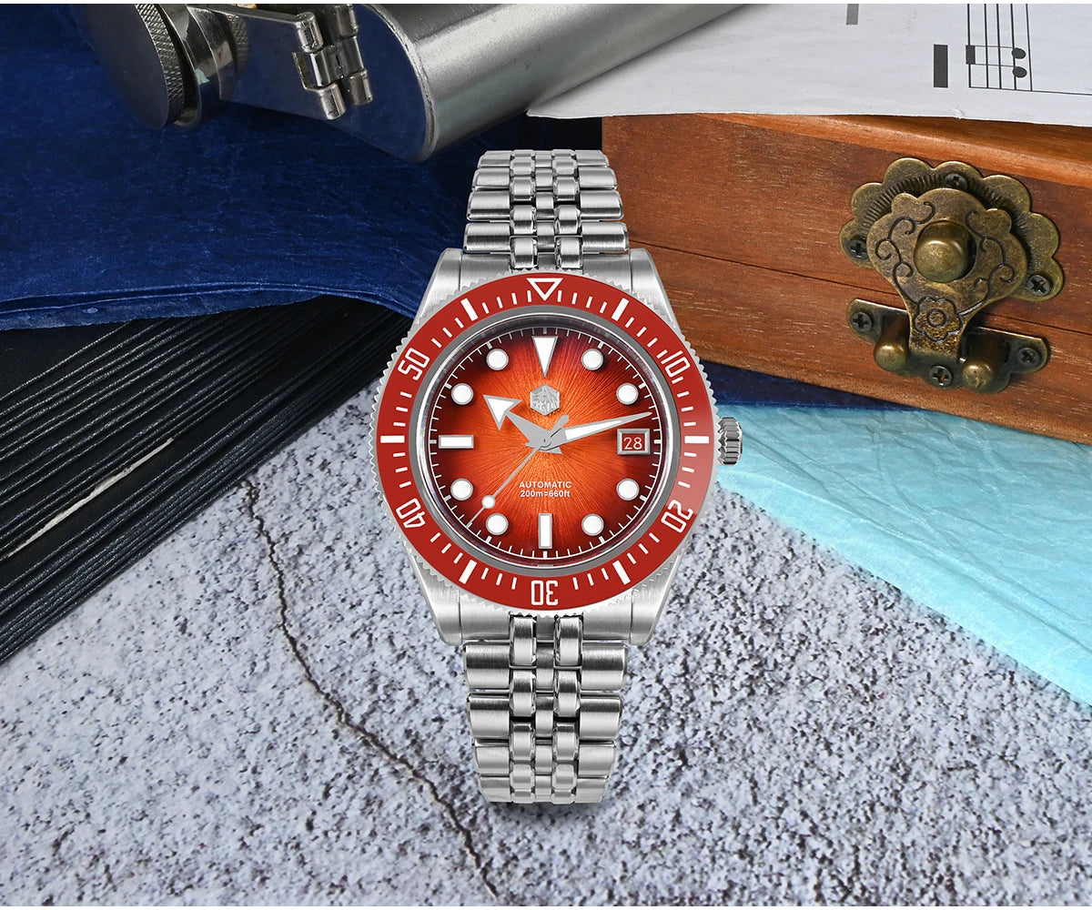 Orologio subacqueo di lusso da uomo San Martin 40mm, Miyota 9015, quadrante smaltato sunburst, automatico meccanico, impermeabile 200m, SN0148