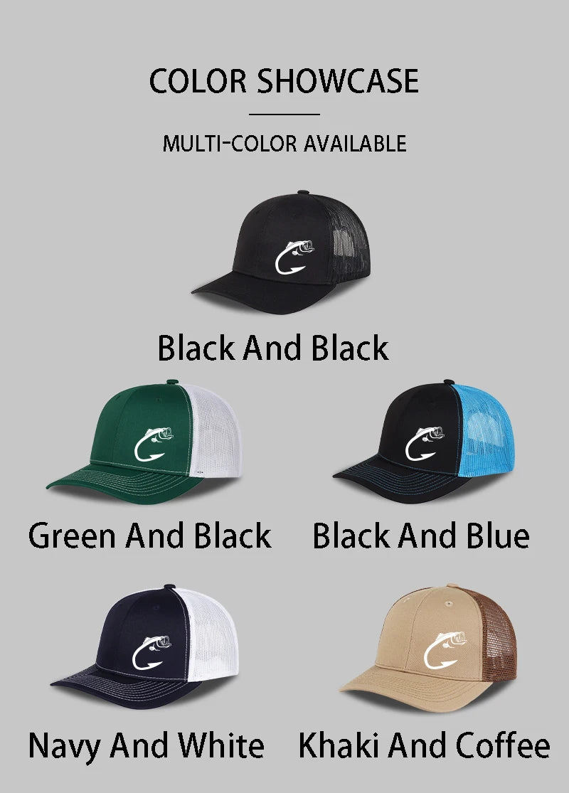 Trucker-kasket med bass-fiskekrog-print, justerbar, unisex, mesh, til fiskeentusiaster, solhat