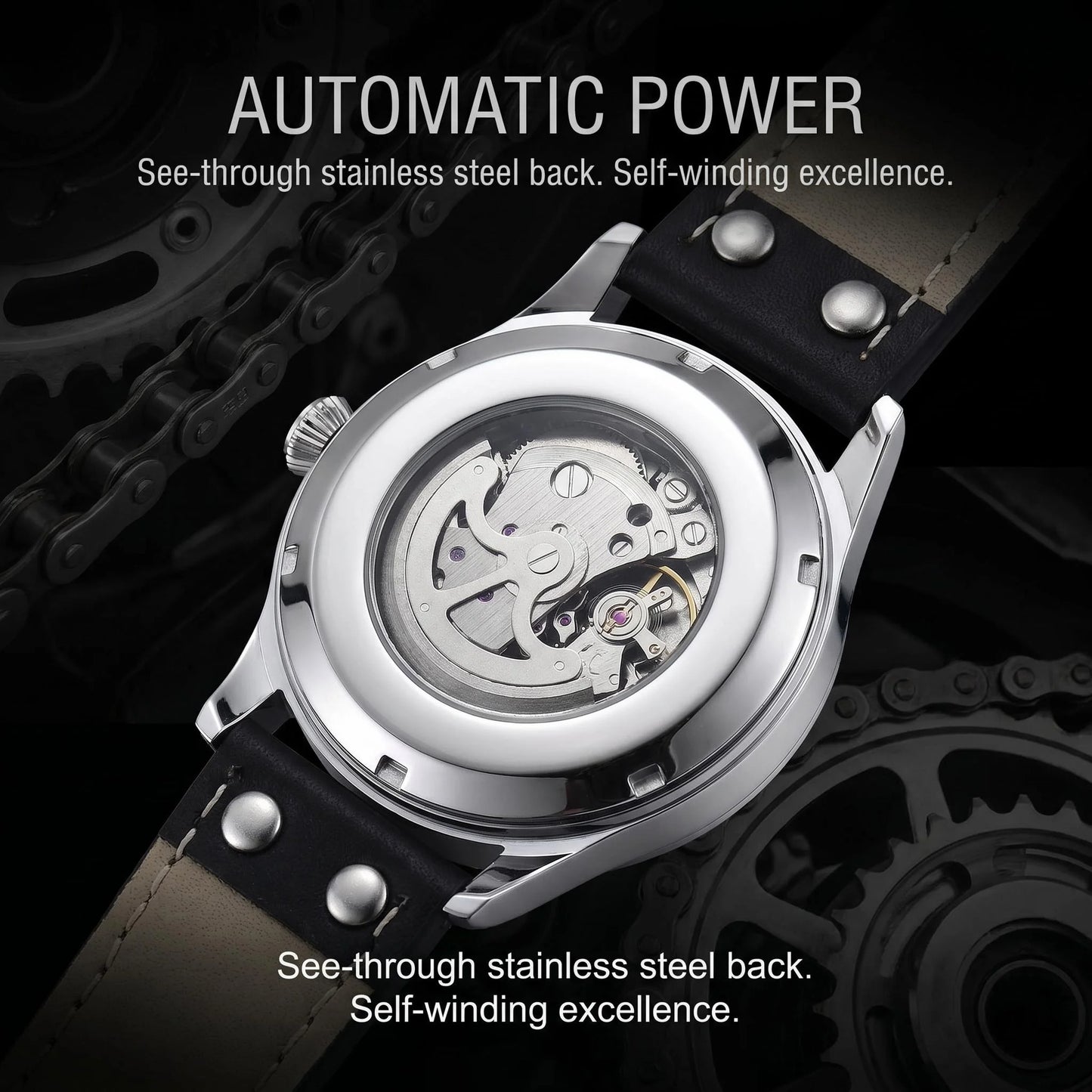 LONGLUX men automatic watch vintage pilot tough guy mechanical watches skeleton waterproof luminous leather gift