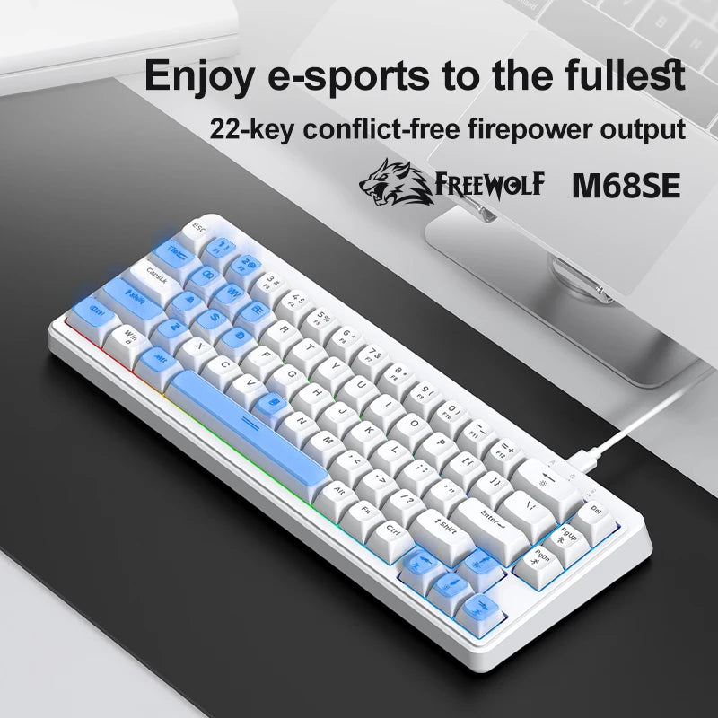 FREEWOLF M68SE Teclado mini con cable de 68 teclas, retroiluminación RGB, Type-C, diseño 68%, compacto para gaming, oficina, PC y portátil