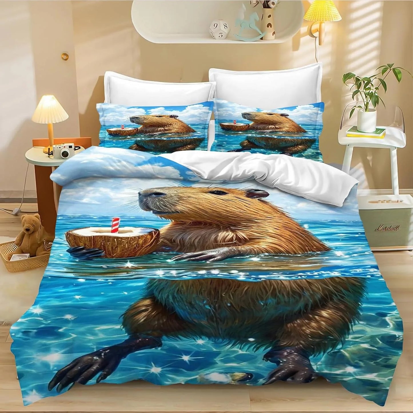 Conjunto de Capa de Edredão e Fronha com 4 Capivaras em Desenho Animado, Roupa de Cama Capivara para Adulto, Rapaz e Rapariga, Decoração de Quarto Infantil, Tamanho Individual e Duplo