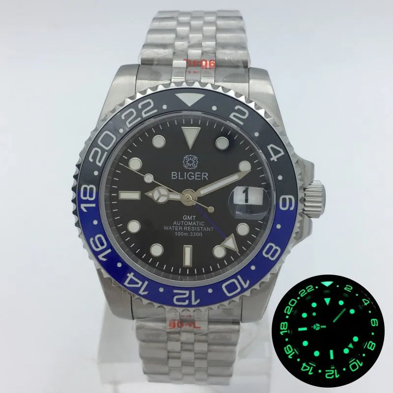 BLIGER 40mm NH34 GMT Watch For Men Mechanical Wristwatch Luminous Bezel Sapphire Glass Stainless Steel Bracelet Men's Watch