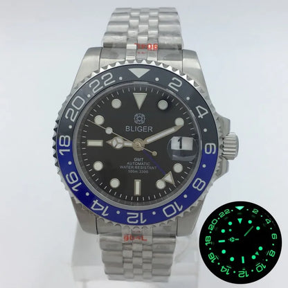 BLIGER 40mm NH34 GMT Watch For Men Mechanical Wristwatch Luminous Bezel Sapphire Glass Stainless Steel Bracelet Men's Watch