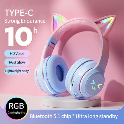 RGB Cat Ear Wireless Bluetooth Headphones for Kids & Girls, LED Light Stereo Gaming Headset with Microphone, Foldable Bluetooth Cat Ear Headphones