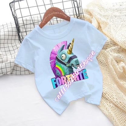 T-shirts de Criança Fortnite com Estampado de Figuras Cartoon do Jogo Fortress Night, Tops de Manga Curta para Verão, Roupa para Rapazes e Raparigas