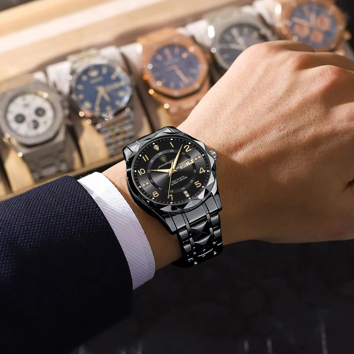 POEDAGAR Fashion Luxury herenhorloge, waterdicht, verlicht, quartz, roestvrijstalen band, datum en dag van de week, casual stijl.