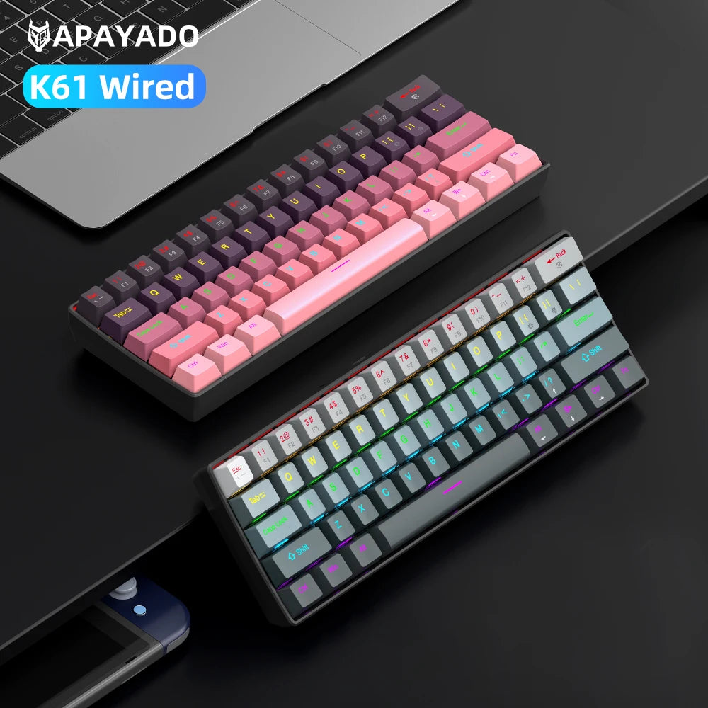 Teclado Mecânico Mini APAYADO K61, Com Fios, 61 Teclas, Phantom RGB, Switch Mecânico Vermelho/Azul Preto/Branco para Gaming, 60% Portátil