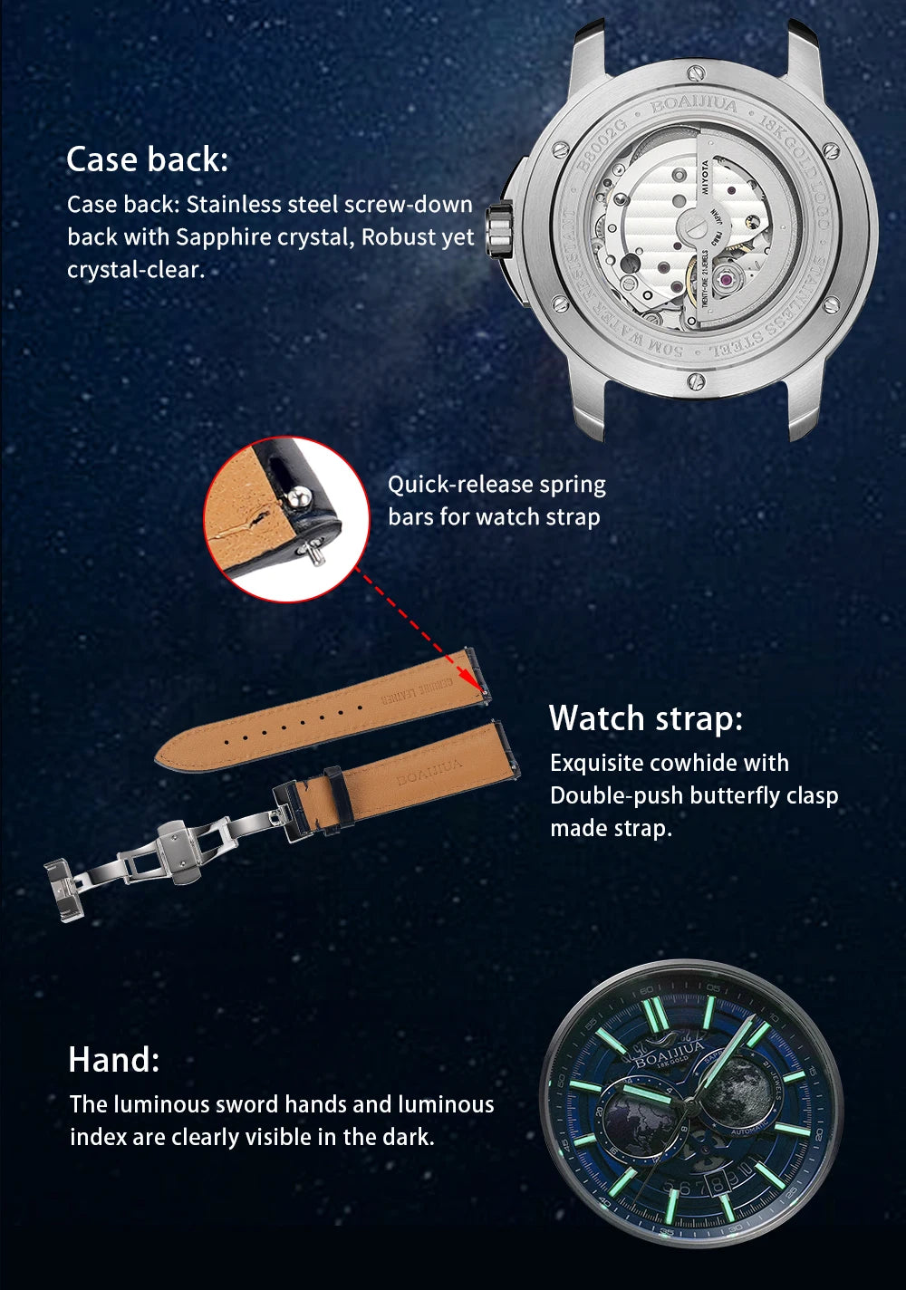 BORIAGE(BOAIJIUA) Fully Automatic Mechanical Men's Watch Original Design Mechanical Watches Waterproof Luminous Wristwatch