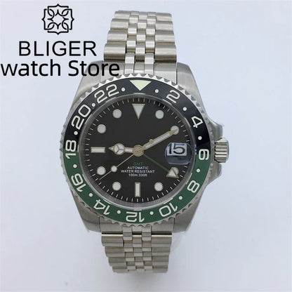 BLIGER 40mm NH34 GMT Watch For Men Mechanical Wristwatch Luminous Bezel Sapphire Glass Stainless Steel Bracelet Men's Watch
