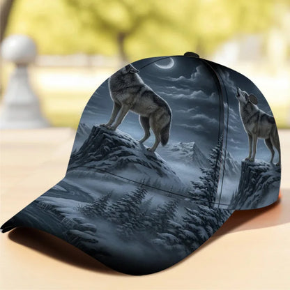 Boné clássico com estampado de lobo a uivar à lua, confortável e ajustável, com pala curva, ideal para uso diário e perfeito para a família
