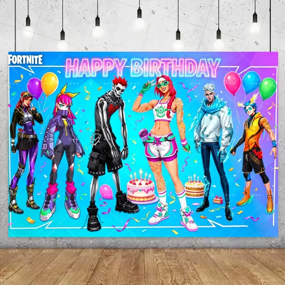 Fundo decorativo de aniversário com tema Fortnite — banner gamer Fortnite para meninos e meninas, pano de fundo para fotografia e presente para crianças
